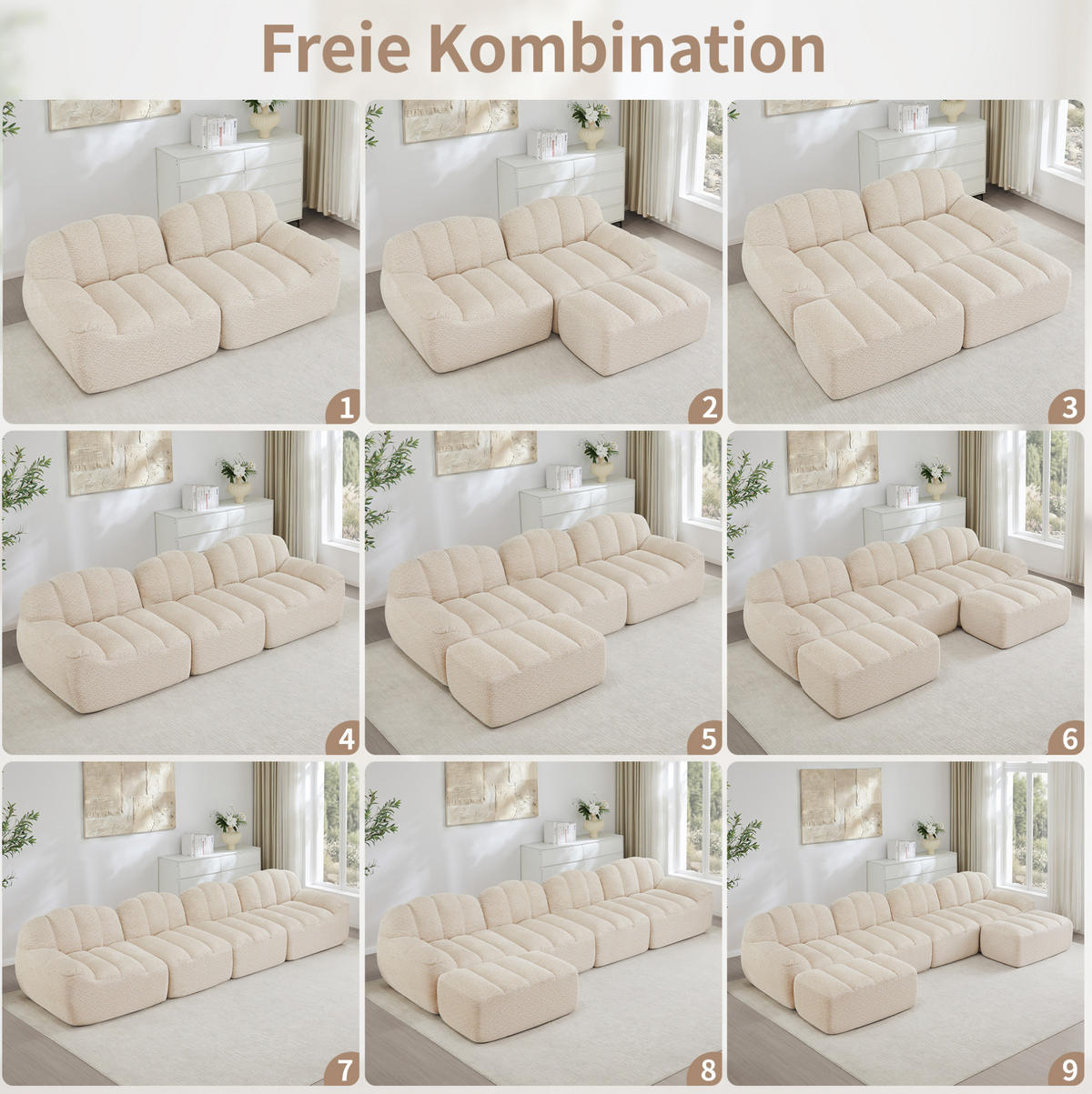 MODULARES 4-Sitzer-Sofa aus granuliertem Fleece mit ergonomischer Muschelform Beige-Weiß - Beige, Textil (104/79/366cm) - Modenvie