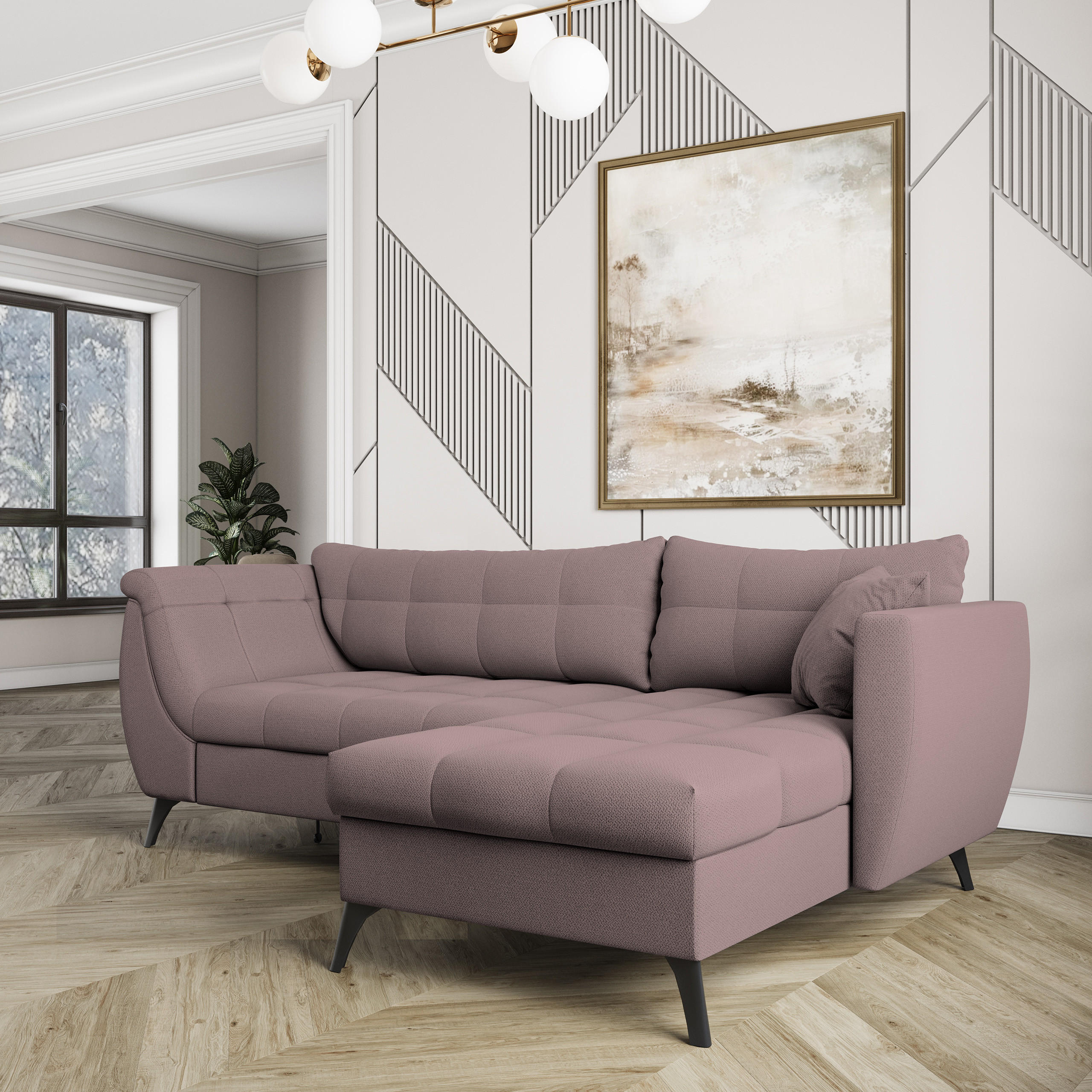 ECKSOFA MOLLIS Rosa Geflochtener-Stoff mit Schlaffunktion - Rosa, Holz (241/154cm) - MASSENO