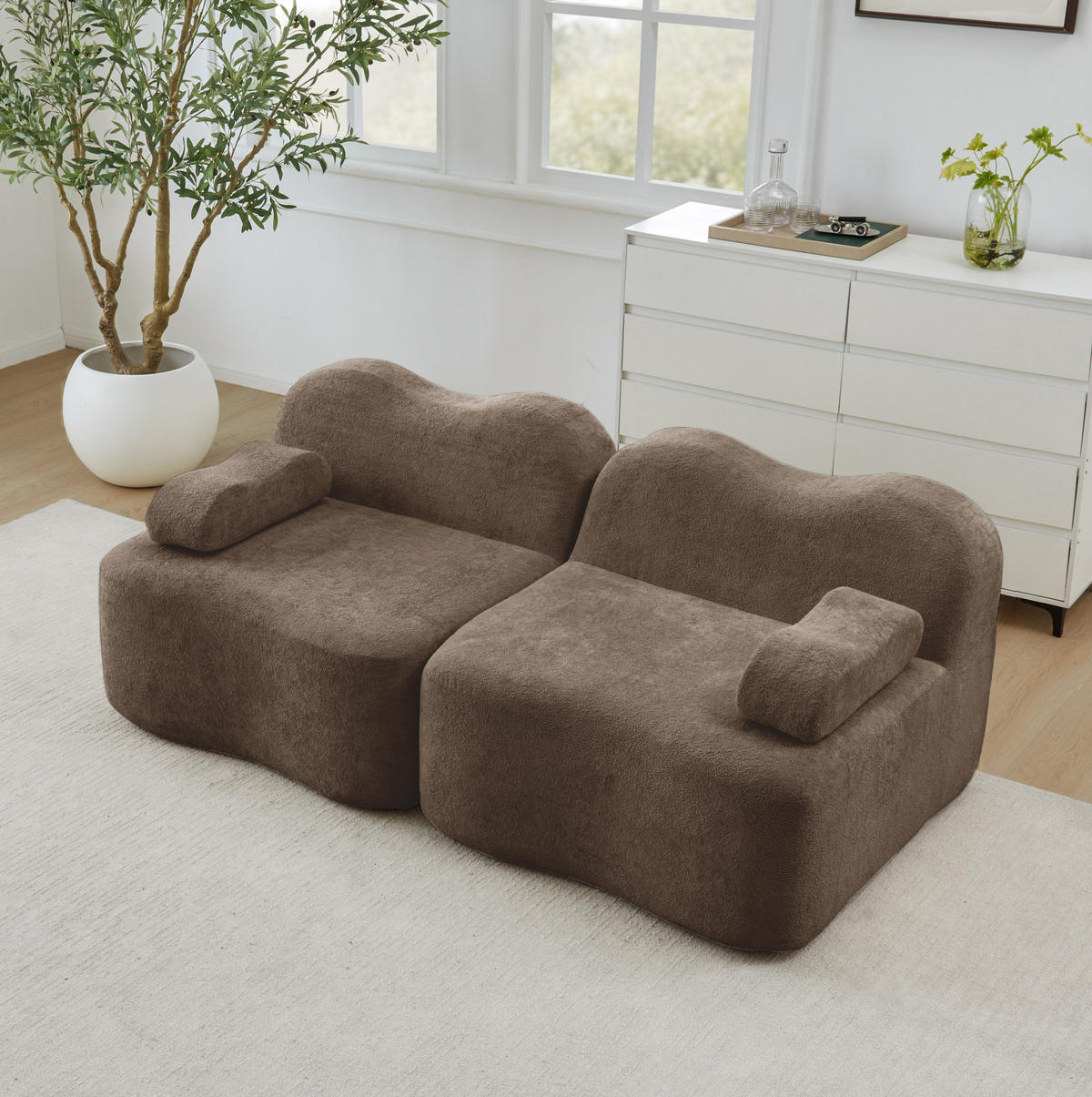 2-SITZER sofa rahmenlos mit Wellenform, tiefer Sitzfläche und flexiblem Hocker, Braun - Braun, Textil (192/70/98cm) - Redom