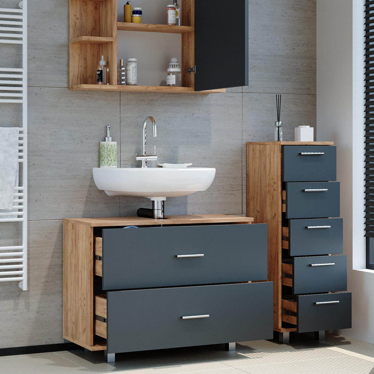 BADMÖBEL-SET Ilias Anthrazit/Goldkraft Eiche 3 Teile mit Unterschrank 80 cm - Honigeiche/Anthrazit, Holzwerkstoff (80/60/33cm) - Vicco