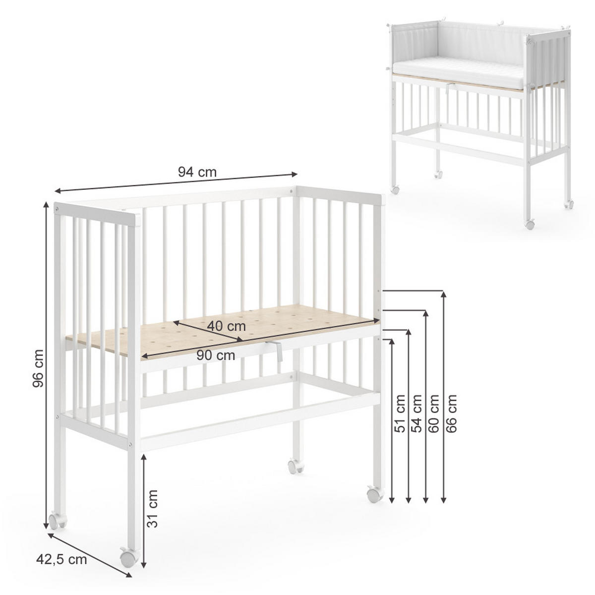 BEISTELLBETT Sophie Weiß 94 x 90 cm 1 Seitenschiene - Weiß, Holz (94/96/90cm) - VitaliSpa