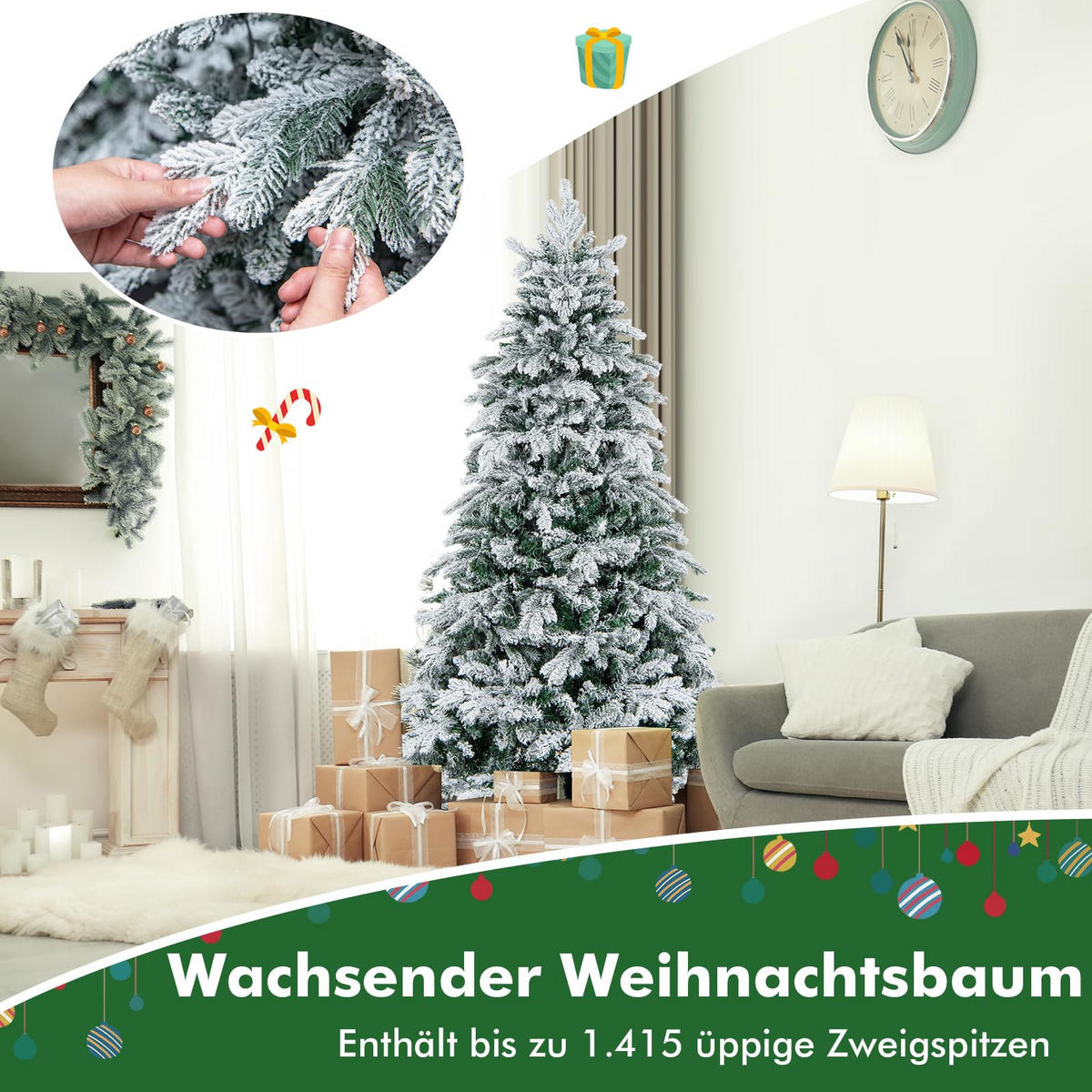 WEIHNACHTSBAUM mit 260 warmweißen LED-Lichtern 180 cm weiß - Weiß, Metall (180cm) - COSTWAY