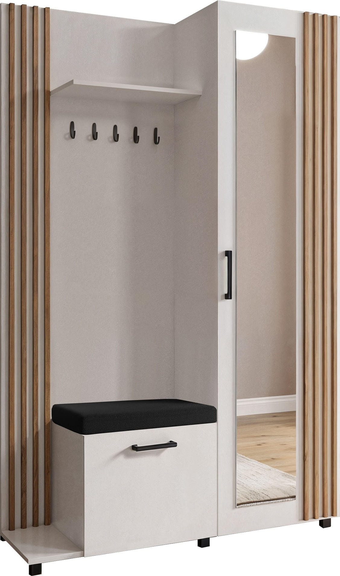 GARDEROBE Linaro mit Spiegel, Sitzbank in Lamellen-Optik 137/207/42 cm, Links - Schwarz/Weiß, Holzwerkstoff (137/207/42cm) - WFL GROUP