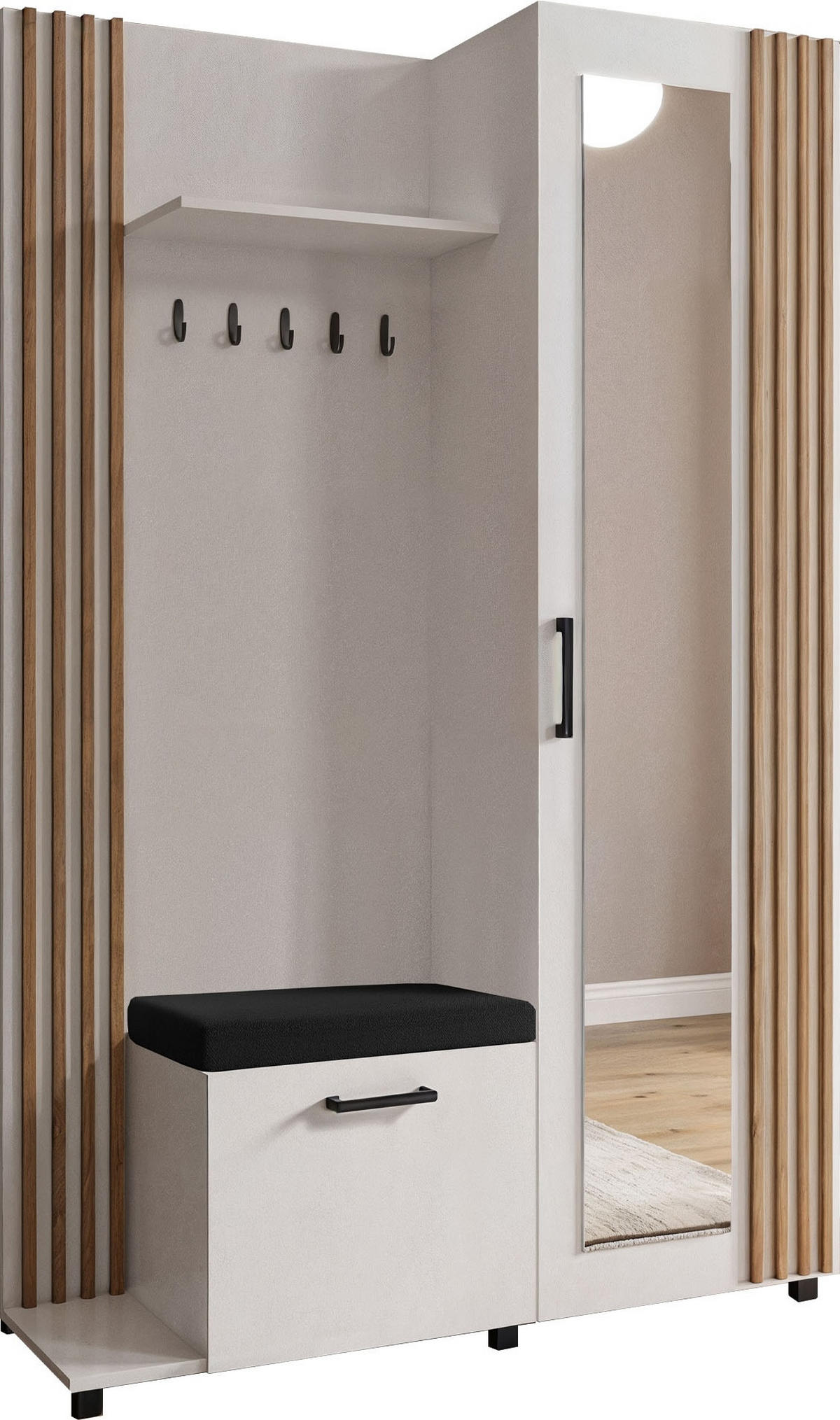 GARDEROBE Linaro mit Spiegel, Sitzbank in Lamellen-Optik 137/207/42 cm, Links - Schwarz/Weiß, Holzwerkstoff (137/207/42cm) - WFL GROUP