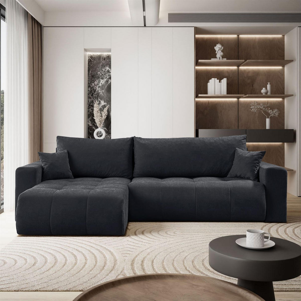 ECKSOFA Gepolstertes CLOUD mit Schlaffunktion und Bettkasten, Wind 99 - Schwarz, Textil (277/143cm) - Lookway