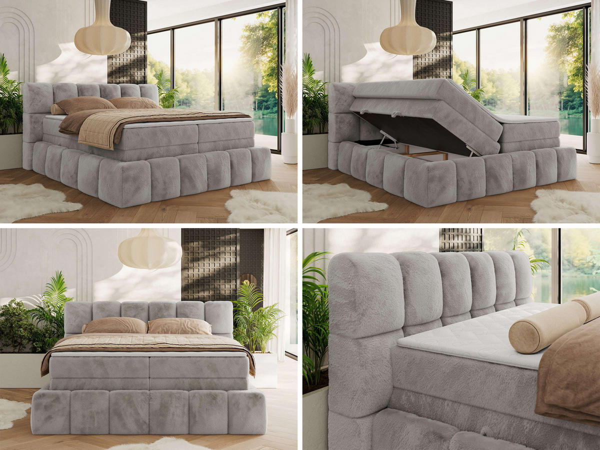 BOXSPRINGBETT NIRA KING 180/200 Hellgrau Plüsch - H3 - Hellgrau, Holz/Textil (180/200cm) - MKS