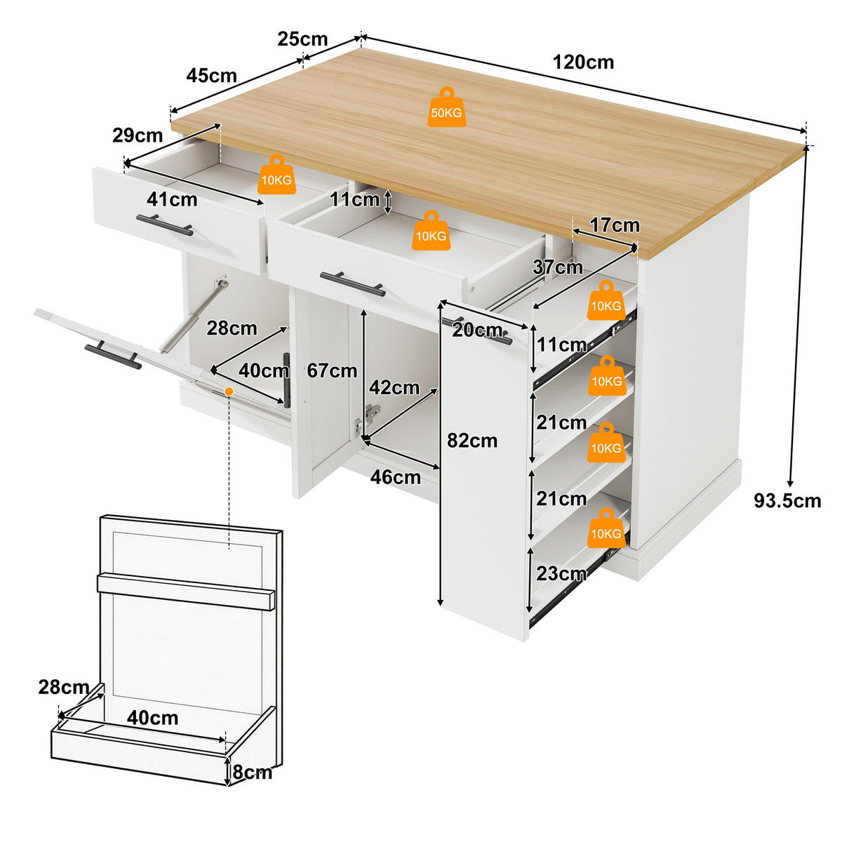 KÜCHENINSEL 120/45(70)/93 cm Weiß mit Müllschrank, 4-stufigem Gewürzregal und 2 Schubladen - Weiß, Holz/Holzwerkstoff (70/93.5/120cm) - Oxeza