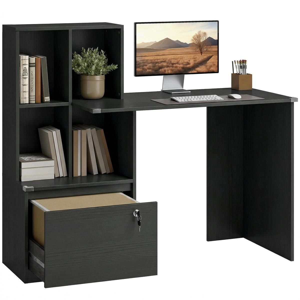 SCHREIBTISCH Schwarz mit abschließbarer Schublade und Regal 126/50/109 cm - Schwarz, Holzwerkstoff (50/126/109cm) - PANGIVO
