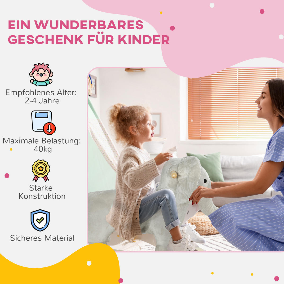 SCHAUKELTIER Schaukelelefant mit Soundfunktion und Griffen für 2-4 Jahre Kinder - Grau, Textil/Metall (31/52/64.5cm) - AIYAPLAY
