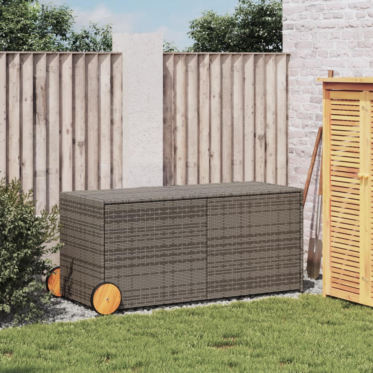 GARTENTRUHE mit Rollen Grau 283L Poly Rattan - Grau, Kunststoff (127/102/55cm) - furnicato