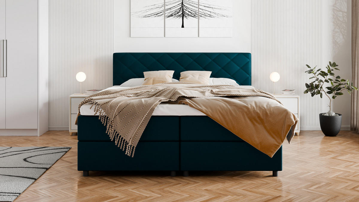 BOXBETT Diamaro 180x200 cm mit Bettkasten und Topper - Dunkeltürkis - Türkis, Holz (180/200cm) - Panda Möbel
