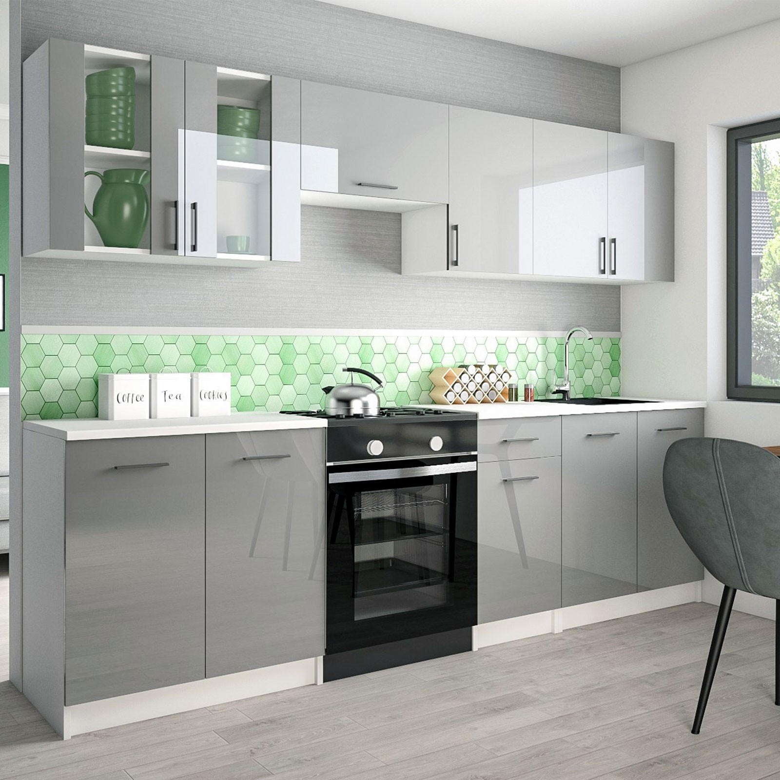 KÜCHENZEILE LECO 260 grau glanz - Grau, Holzwerkstoff (260/82/46cm) - roe furniture