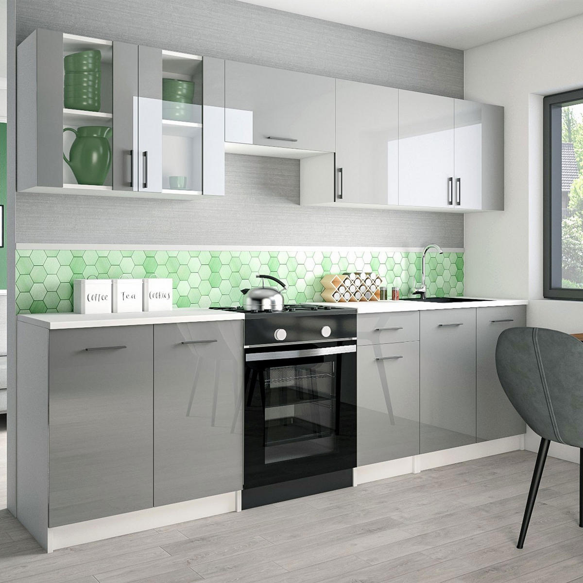 KÜCHENZEILE LECO 260 grau glanz - Grau, Holzwerkstoff (260/82/46cm) - roe furniture