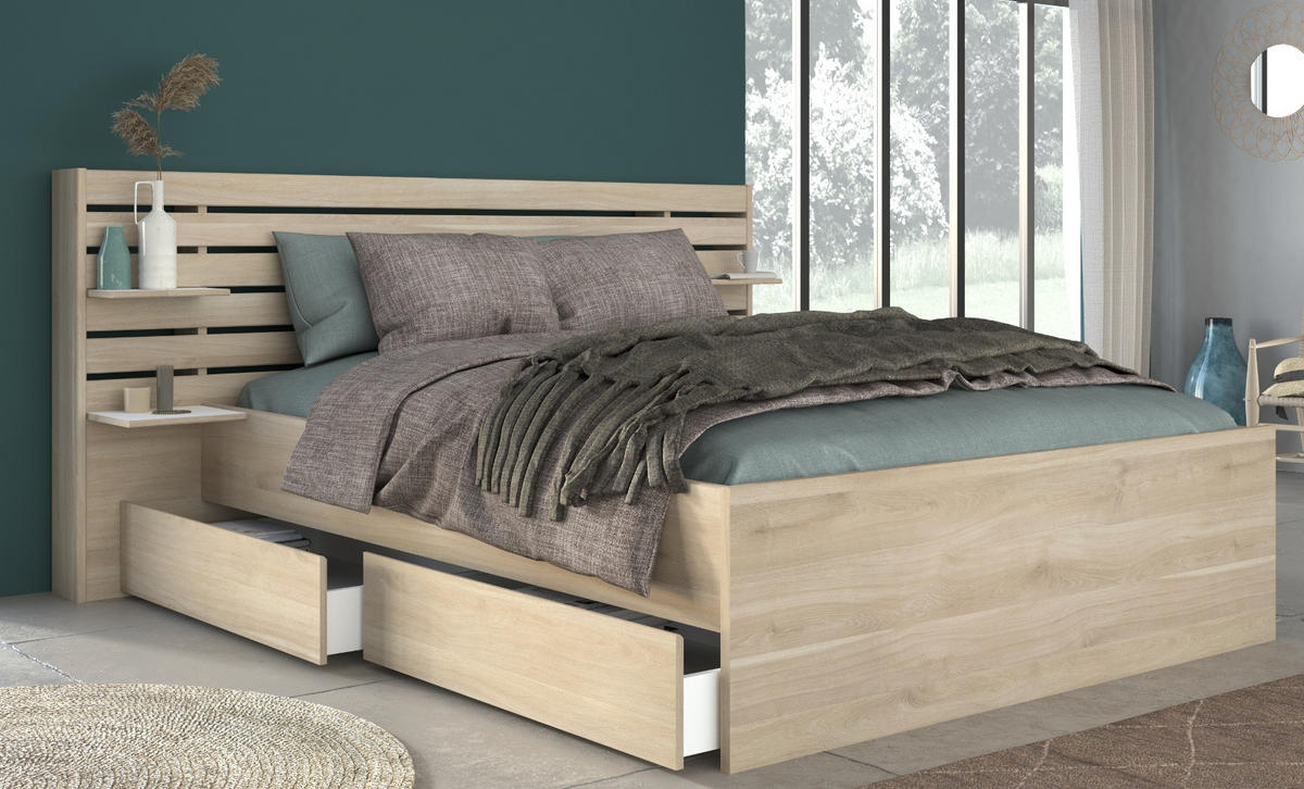 STAURAUMBETT Eiche japanisch, Bett Liegefläche 180 x 200 cm - Eichefarben, Holzwerkstoff/Metall (180/200cm) - Parisot Meuble