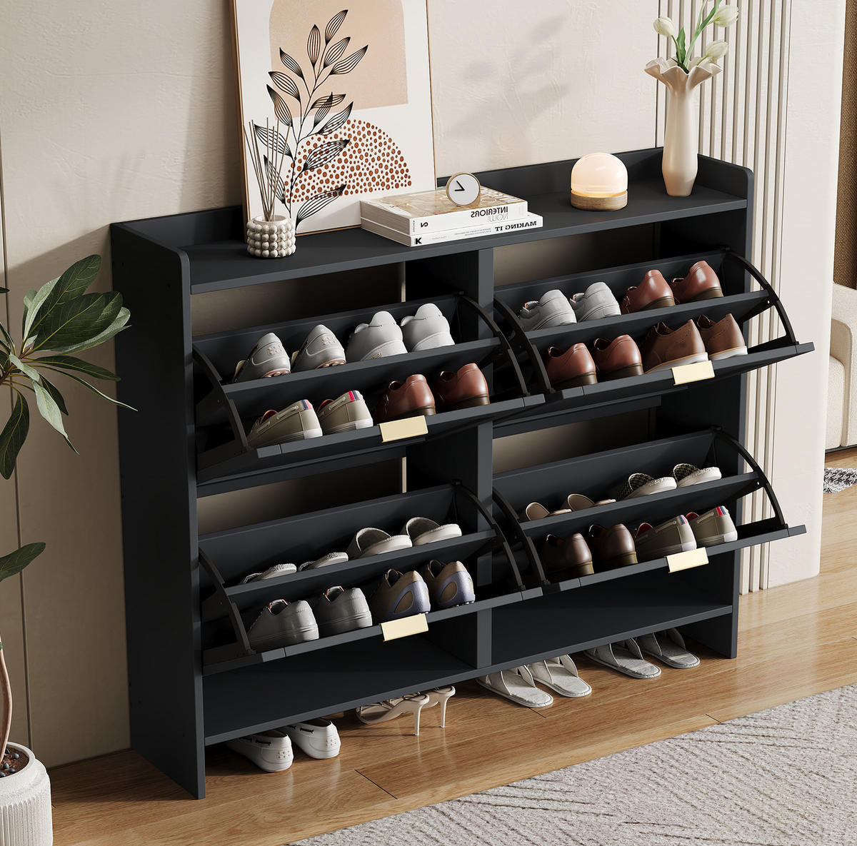 SCHUHSCHRANK 110/24/90 cm mit 4 Klappenfächern, offenen Ablagen und verstellbaren Einlegeböden aus Spanplatte, Schwarz - Schwarz, Holzwerkstoff (110/90/24cm) - Redom
