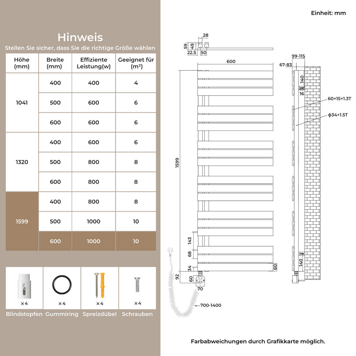 HANDTUCHHEIZKÖRPER 159,9/60 cm weiß elektrisch 1000 W mit WLAN-Thermostat - Weiß, Metall (60/160/5.9cm) - S'AFIELINA