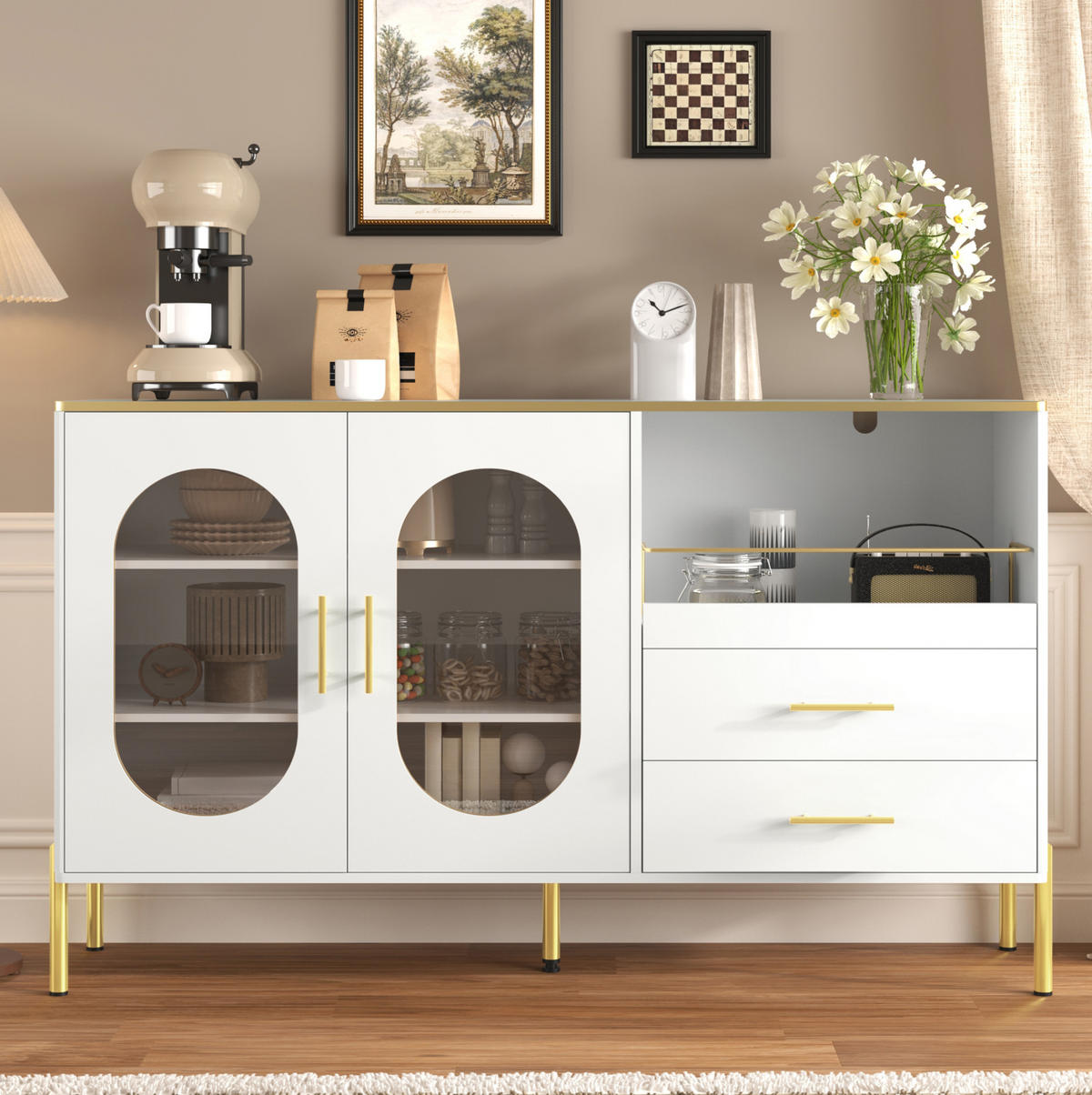 KOMMODE aus MDF 140x38x90cm in Weiß mit Schubladen & Glastüren - Weiß, Holzwerkstoff (140/90/38cm) - Modfu