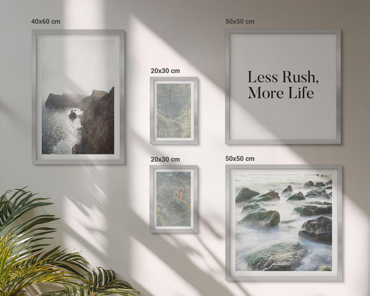 WANDBILDER 5er Set - 50x50 cm & 20x30 cm & 40x60 cm Silberner Rahmen - Grüner Marmor Melancholie - Silberfarben, Kunststoff (40/60cm) - ArtPrintCave