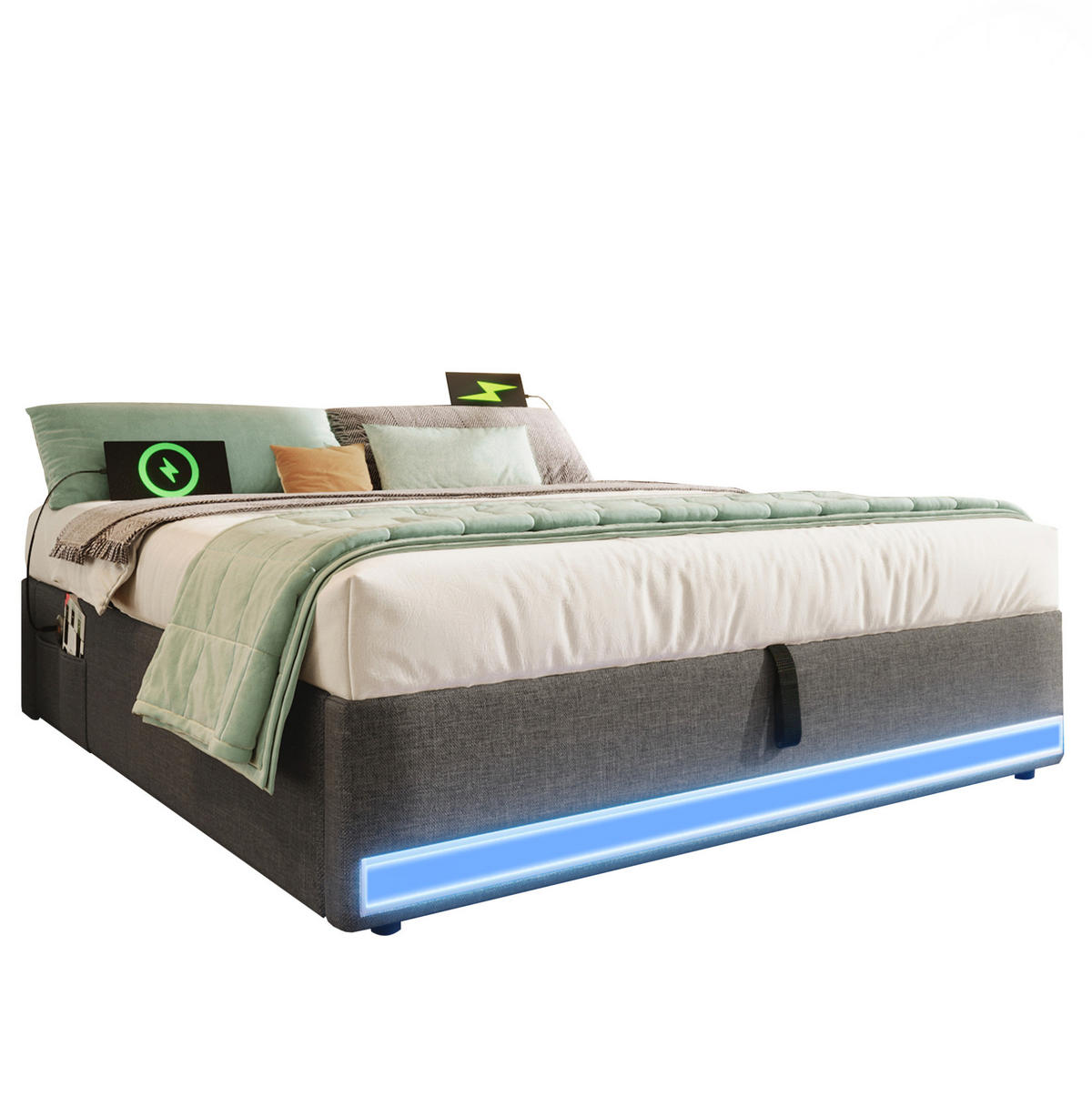 POLSTERBETT 140/200 cm Grau mit LED-Beleuchtung und USB-Anschlüssen - Grau, Textil (140/200cm) - OKWISH