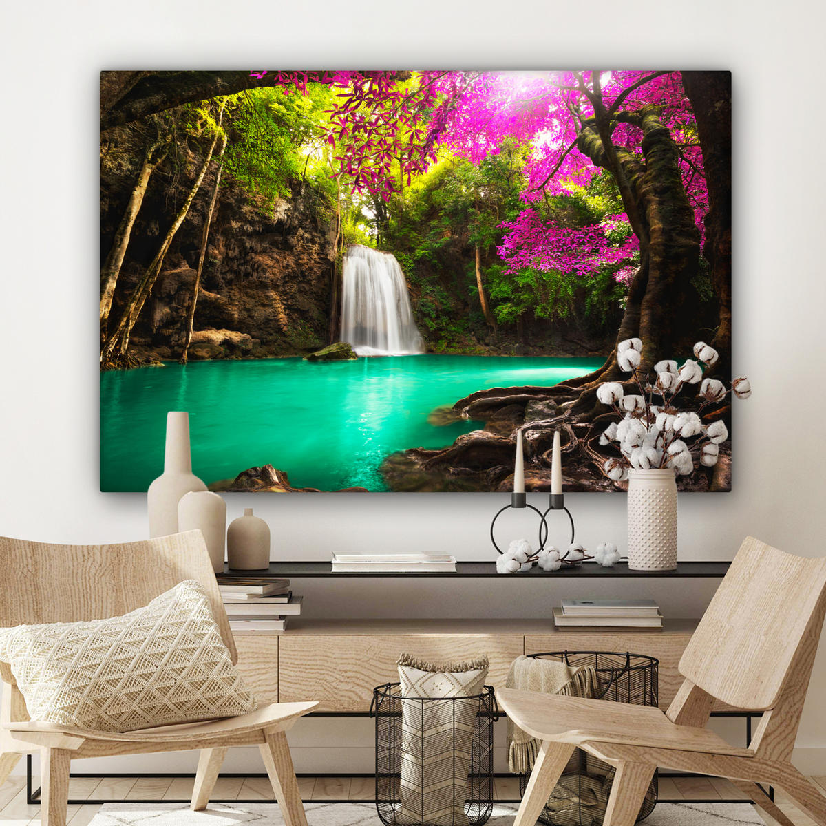 LEINWANDBILD Wasserfall mit bunten Blumen und Bäumen - Natur - Dschungel Wohnzimmer Groß 120x80 cm - Waldgrün, Textil (120/80cm) - MuchoWow