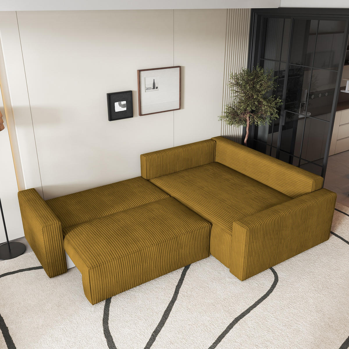 ECKSOFA ERONIS R-S Gelb Kordstoff mit Schlaffunktion - Gelb, Holz (265/194cm) - MASSENO