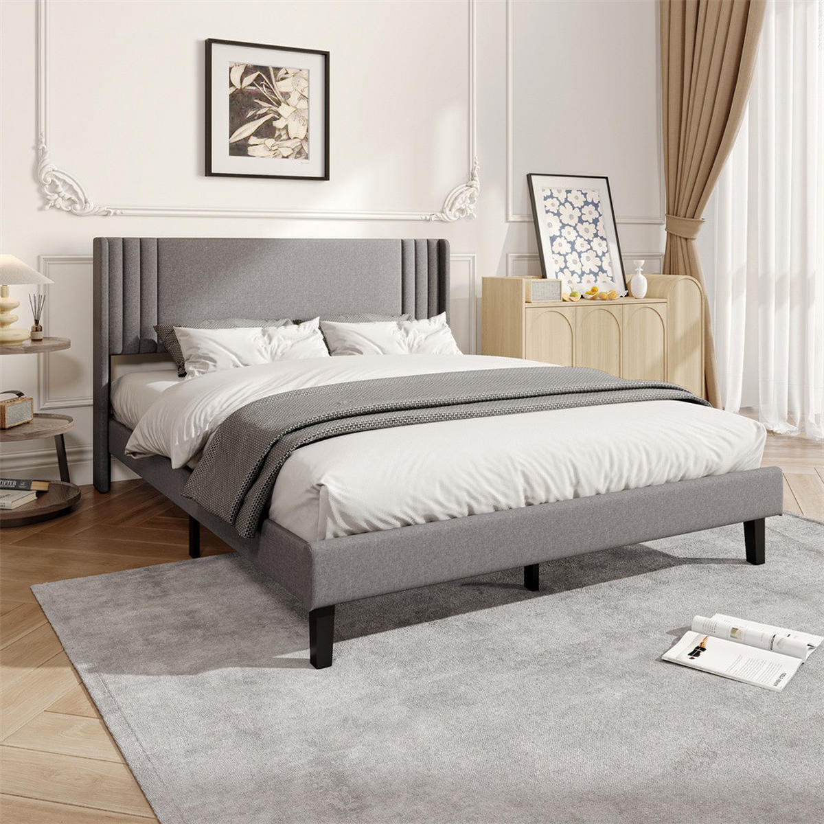 POLSTERBETT 160 x 200 cm aus Leinen mit gepolstertem Kopfteil - tabile Bettbeine ohne Matratze - Grau - Grau, Textil (160/200cm) - DELFA