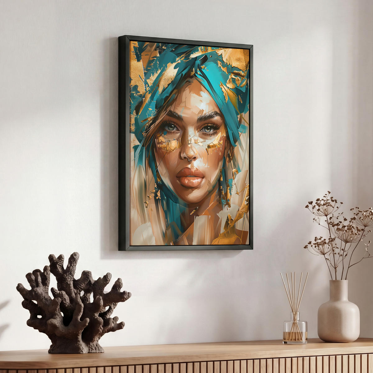 LEINWAND Bilder mit Rahmen - Frau - Porträt - Gold - Luxus - Blau - 30x40 - Türkis, Textil (30/40cm) - MuchoWow