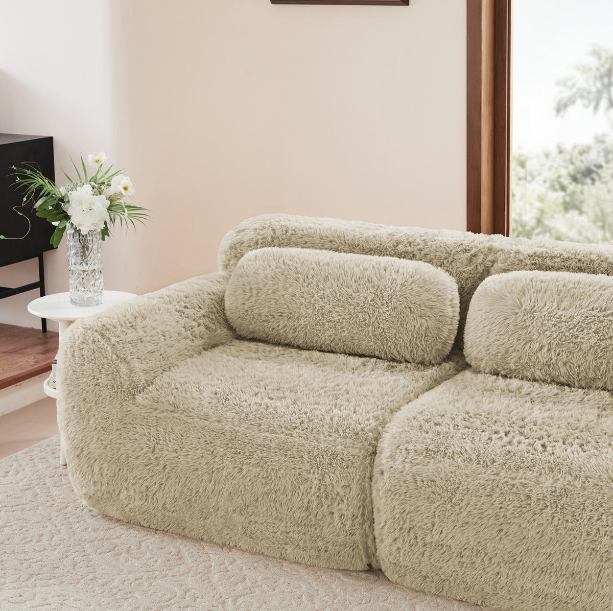 ECKSOFA 378/179/73 cm hellkhaki aus Plüsch als 4-Sitzer Ecksofa ohne Montage - Beige, Textil (179/378cm) - OKWISH