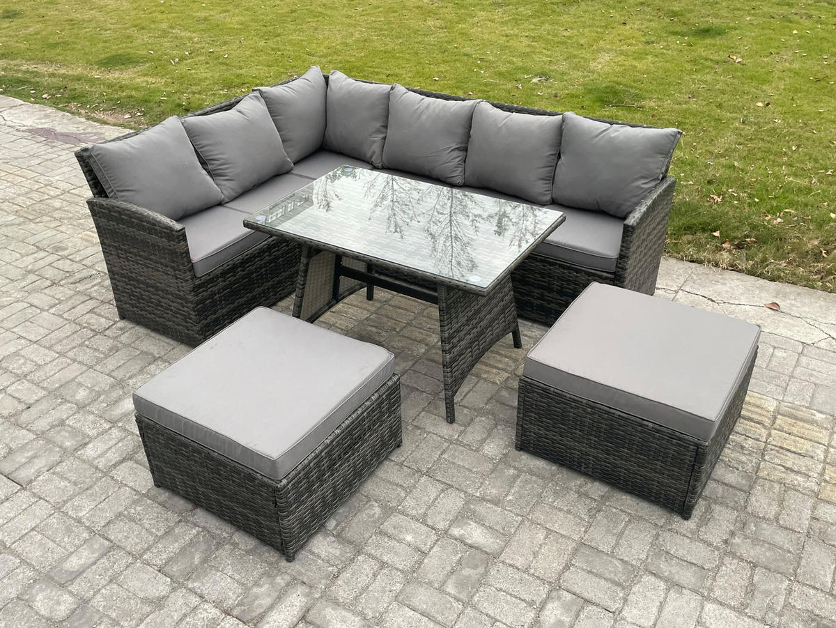 SITZGRUPPE mit Ecksofa,große Fußhocker Polyrattan Dunkelgrau 8-Sitzer - Dunkelgrau/Grau, Glas/Kunststoff - Fimous