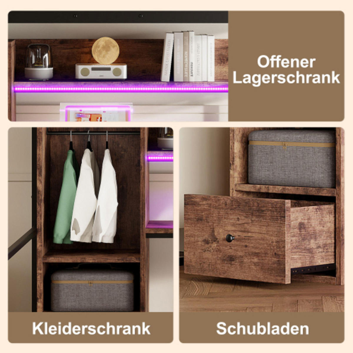 HOCHBETT 140 × 200 cm aus Metall und MDF mit Schreibtisch, Stauraumschublade und 16-Farben-LED-Leiste, schwarz - Schwarz, Holzwerkstoff - Luhomfu