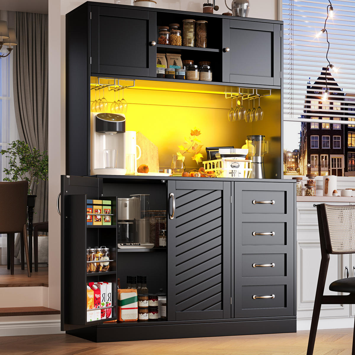 BUFFETSCHRANK 120/40/188 cm mit LED-Beleuchtung, Getränkhaltern, 4 Türen und 2 Schubladen, MDF, Schwarz - Schwarz, Holzwerkstoff (120/188/40cm) - Redom