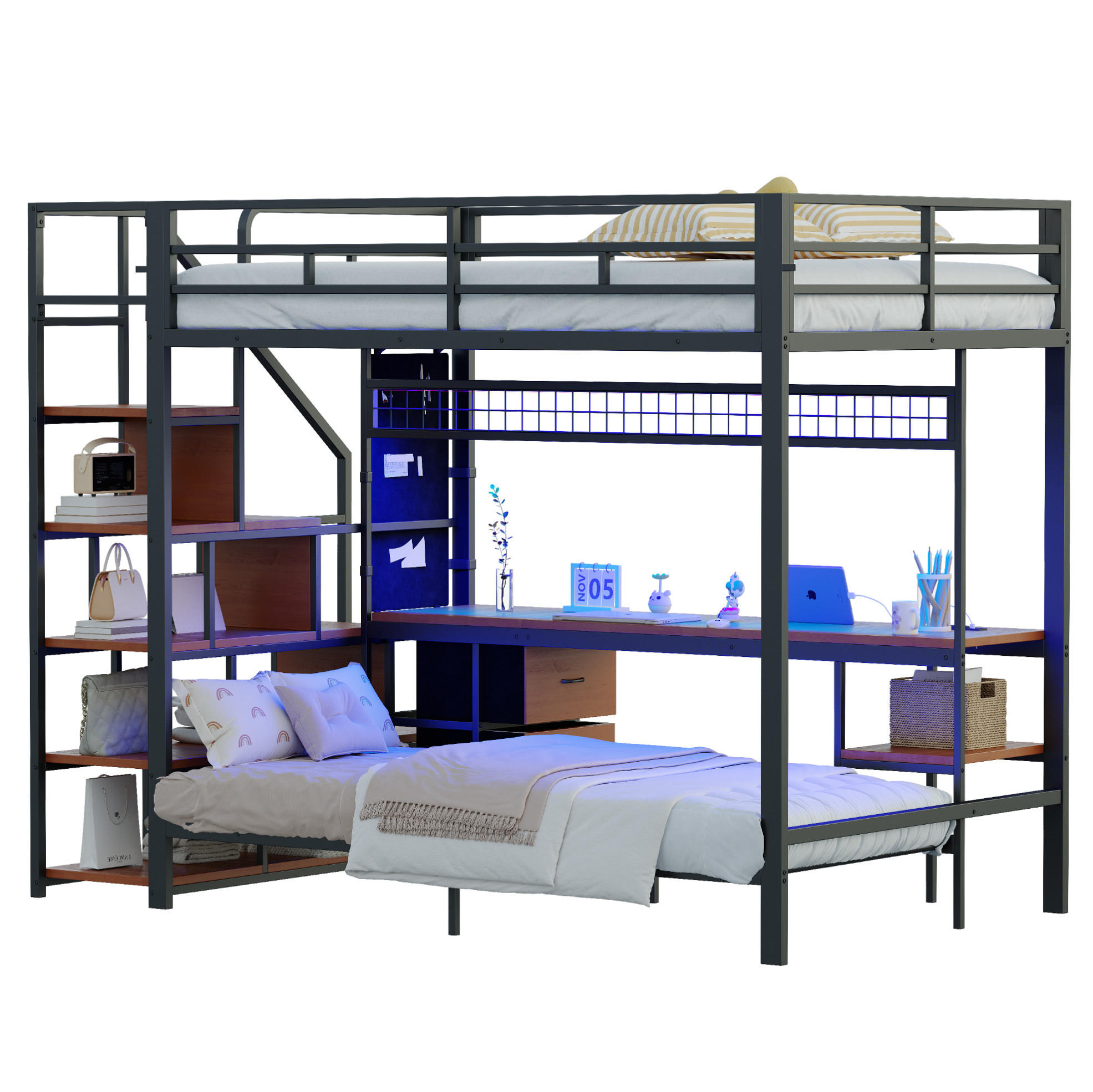 HOCHBETT 140/200 & 90/200 cm mit Schreibtisch, LED-Beleuchtung und Stauraum - Schwarz, Metall (140/200cm) - Flora Grace