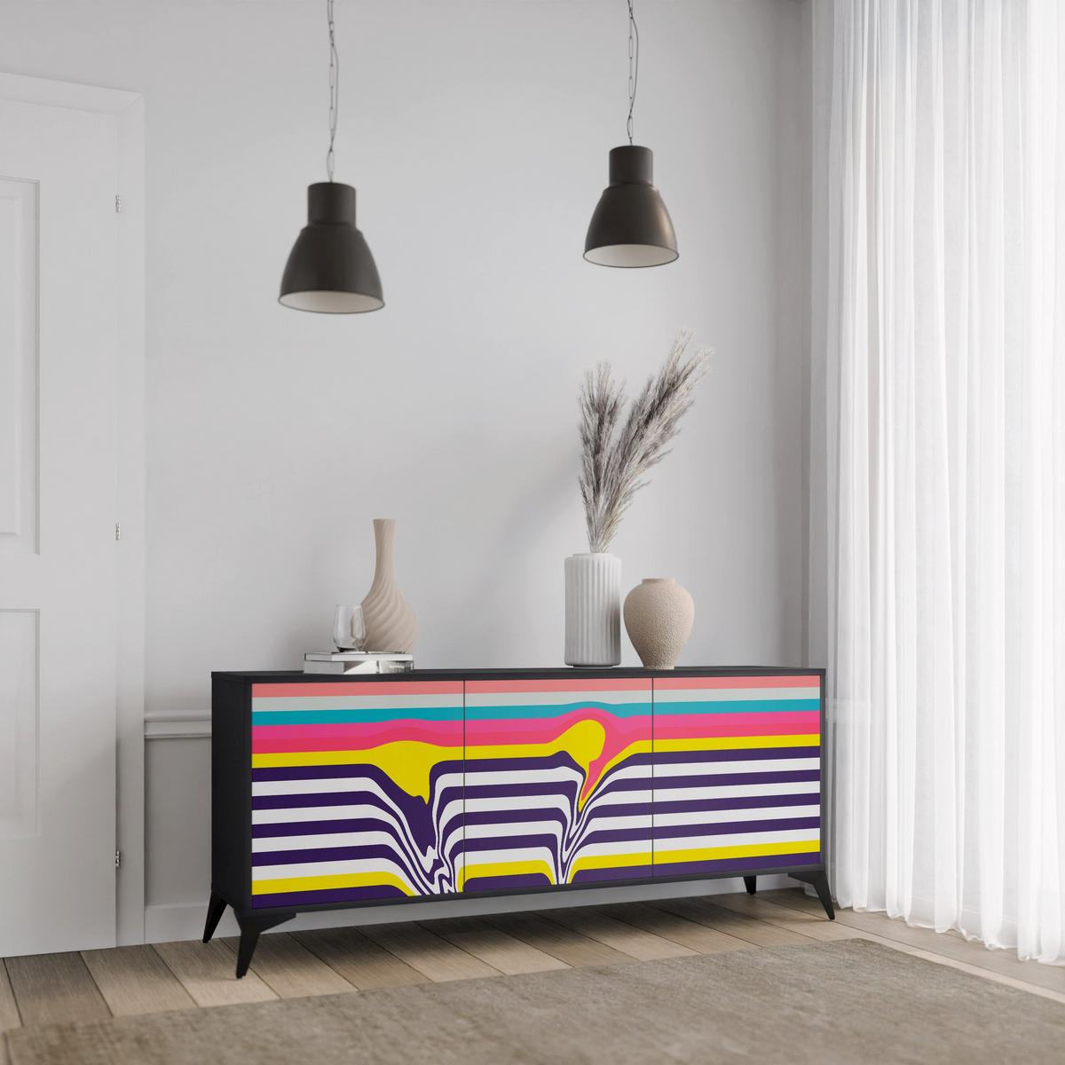SIDEBOARD TONE COLLAPSE, Eicheneffekt, 164,5x42x77,5 cm, 3 Türen - Eichefarben/Buchefarben, Holzwerkstoff/Buchenholz (164.5/77.5/42cm) - SpaceRebels
