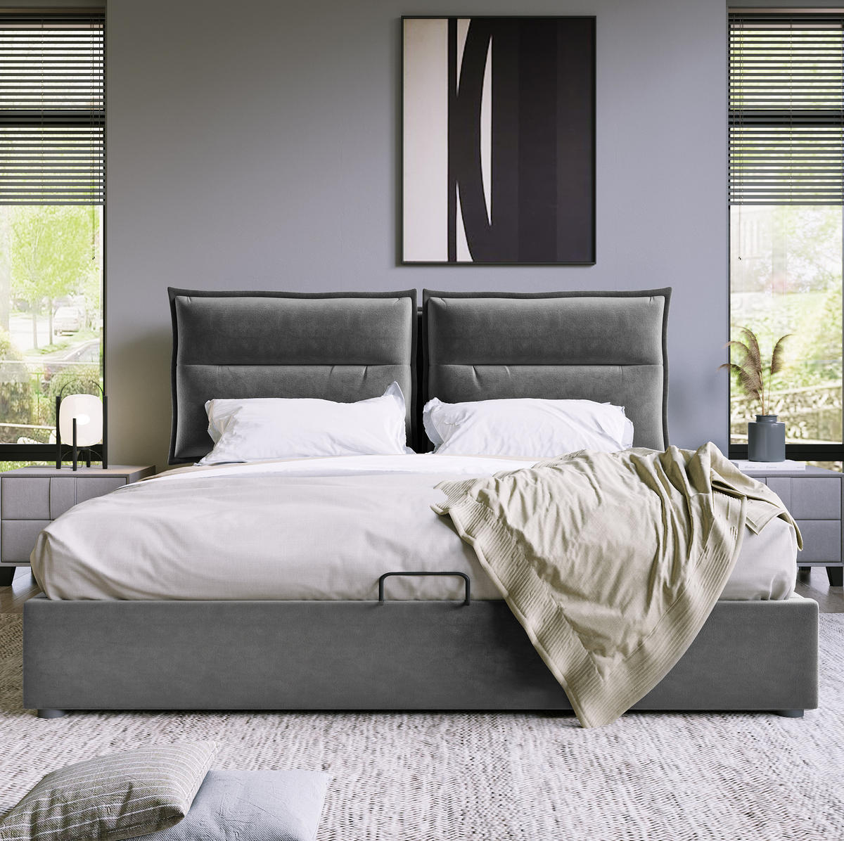 BETT mit Bettkasten und verstellbarem Kopfteil 140x200 cm Samt Grau - Grau, Metall (140/200cm) - Meubliv