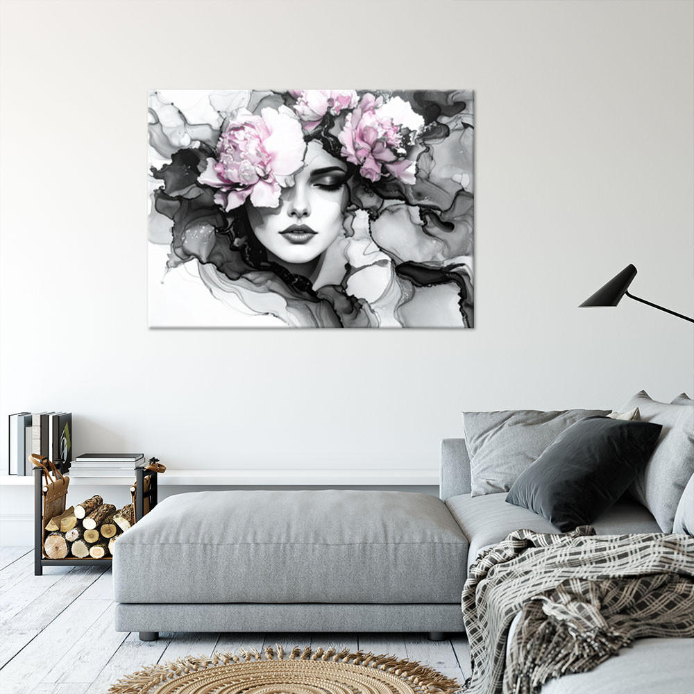 LEINWANDBILD Frau mit Blumen auf dem Kopf 120x80cm - Grau, Textil (120/80cm) - Feeby