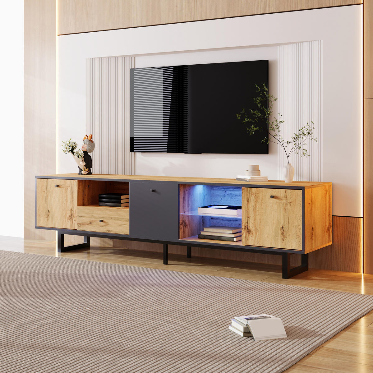 TV-RACK 190x40x50cm mit LED-Beleuchtung und Glastrennwand Holz-Anthrazit - Naturfarben, Holz (50/18/94cm) - Raelunyi