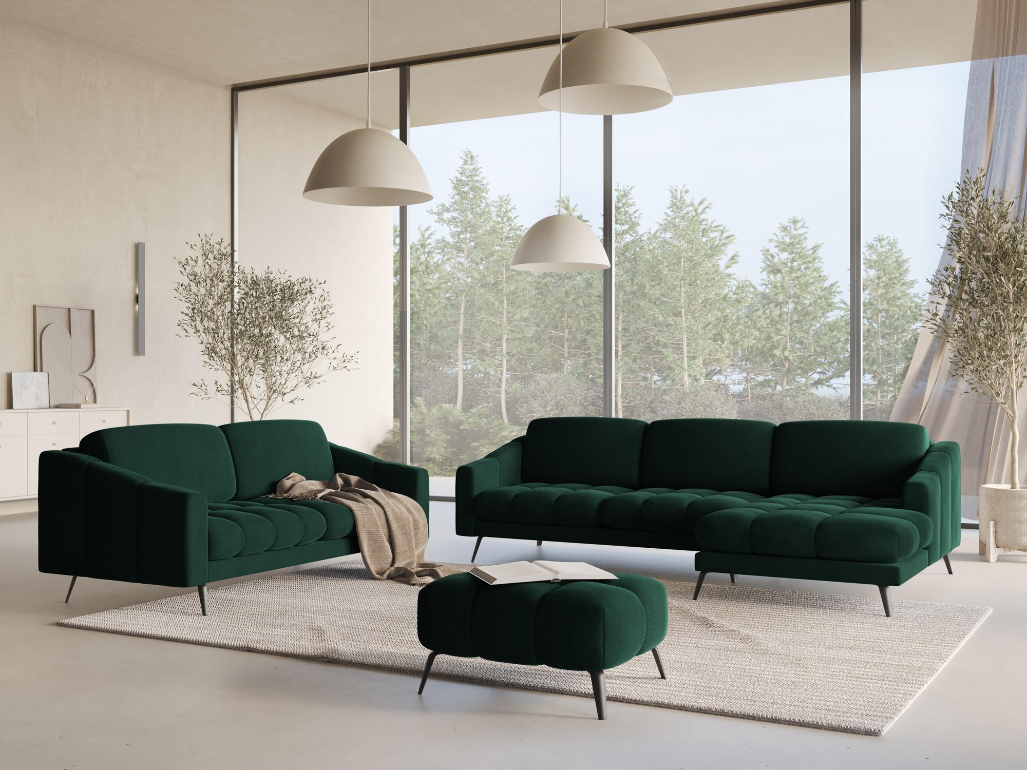 ECKSOFA Rechts Samt Stoff Grün - Dunkelgrün/Schwarz, Textil/Metall (264/160cm) - Makamii