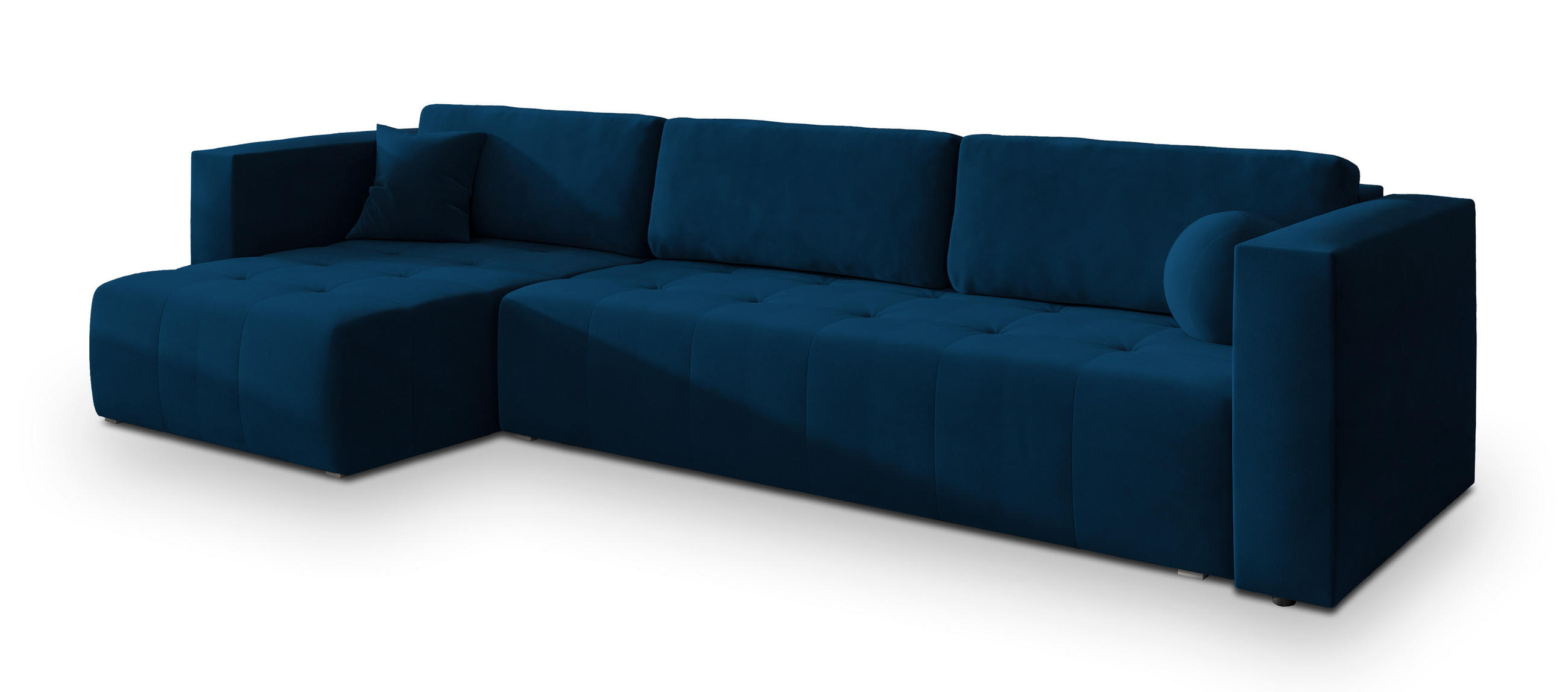 ECKSOFA OLVERA Blau Plüsch-Stoff mit Schlaffunktion - Blau, Holz (347/148cm) - MASSENO
