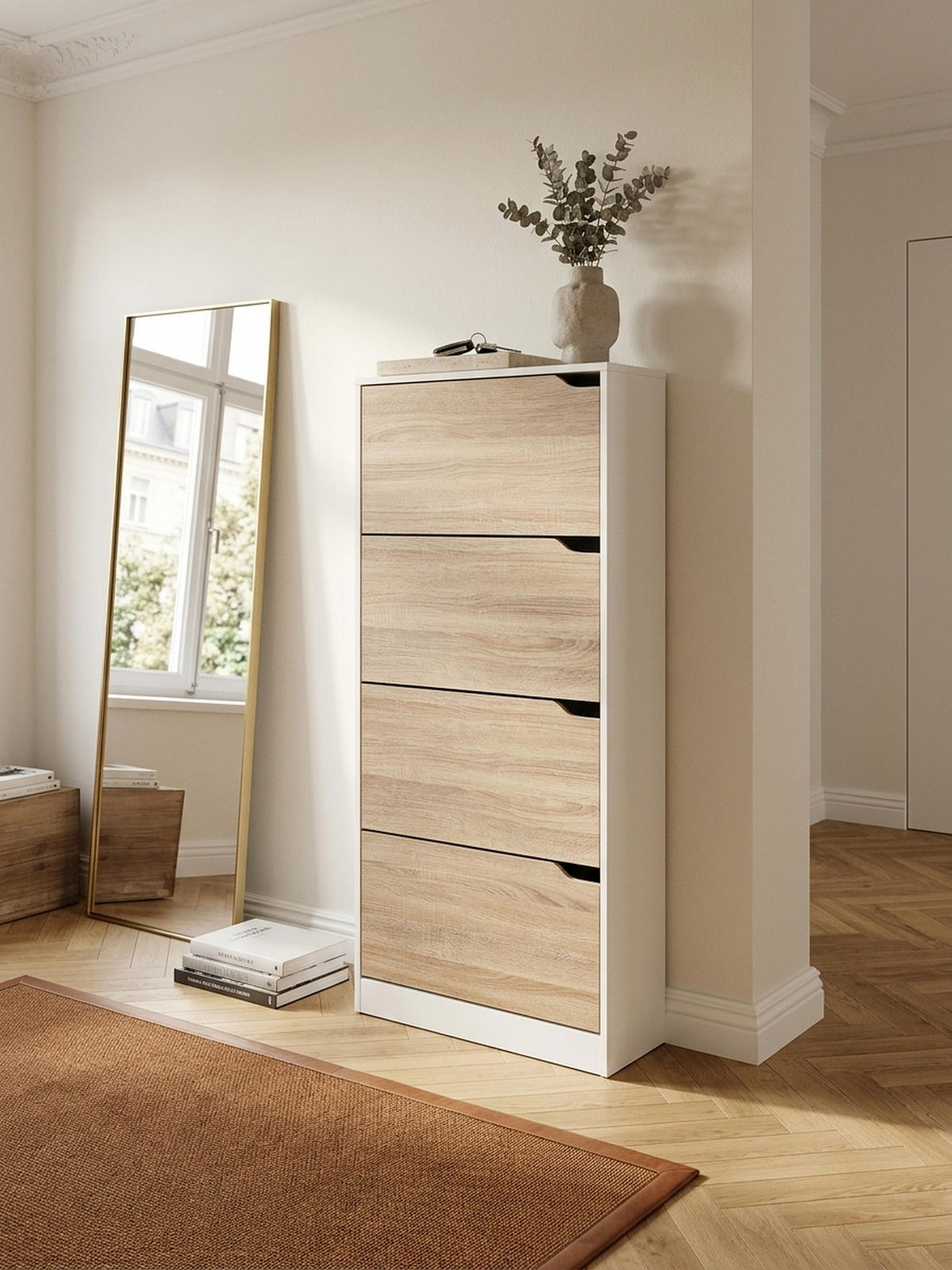 SCHUHSCHRANK – Weiß/Sonoma Eiche, 4 Fächer, für ca. 24 Paar Schuhe - Weiß, Holz (60/150/24cm) - KADIMA DESIGN