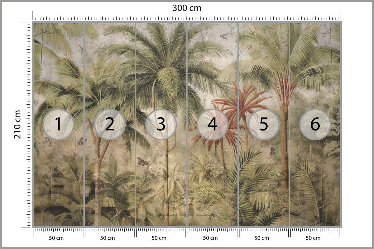 FOTOTAPETE Dschungel Tropische Pflanzen Beton Vintage 300x210 - Beige/Orange, Papier (300/210cm) - Muralo