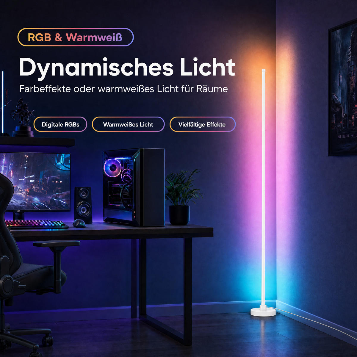 LED-ECKLAMPE - mit Fernbedienung und Soundsensor für RGB- und warmweißes Licht - Weiß, Kunststoff (15.5/15.5/147.5cm) - Northpoint