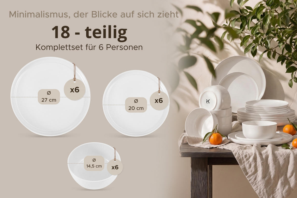TAFELSERVICE VICTO Schüssel 6 Personen 18-tlg - Weiß, Keramik (27/2/27cm) - KONSIMO®