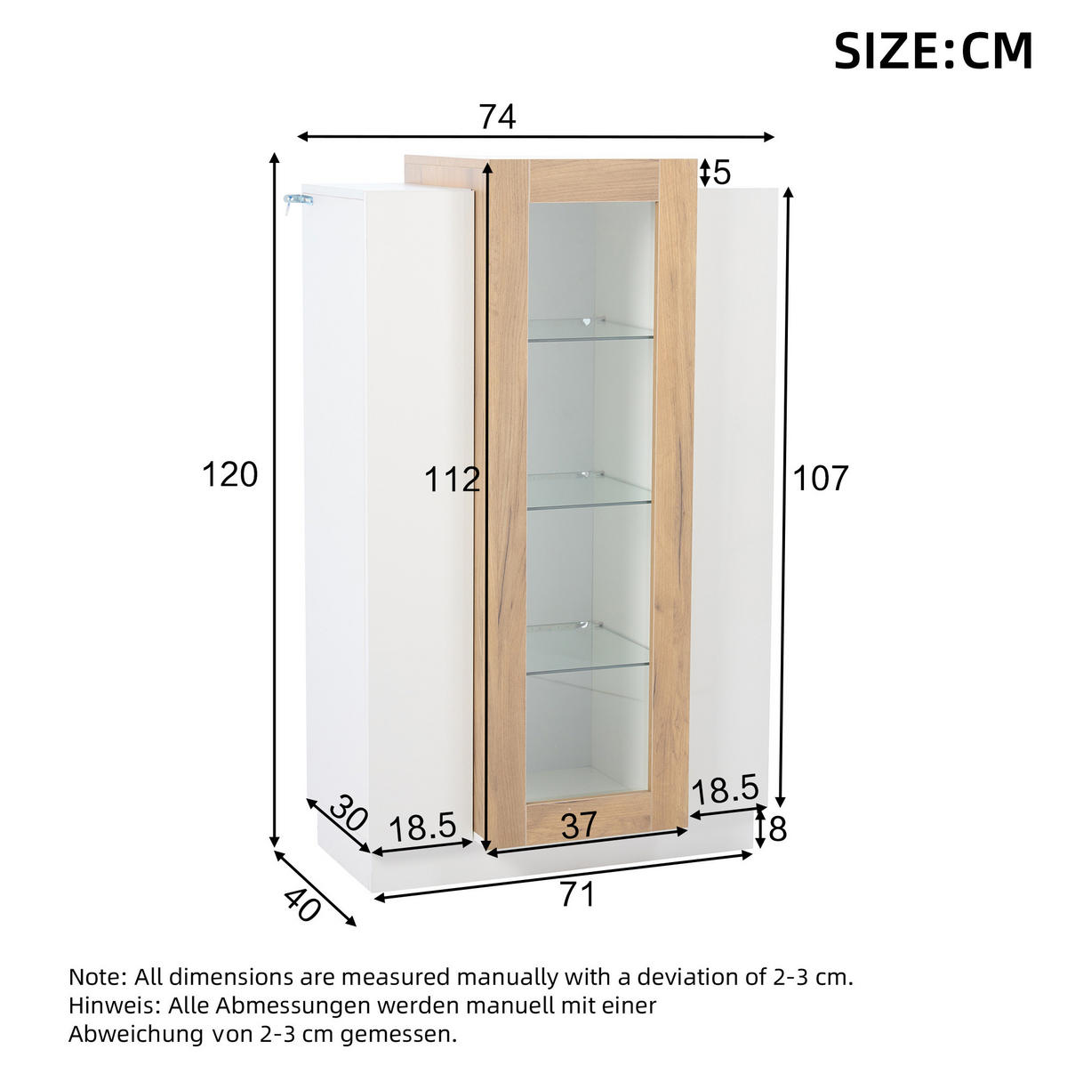 VITRINE 74/40/120 cm aus Spanplatte mit LED-Beleuchtung und Acrylfront Weiß/Natur - Weiß, Holzwerkstoff (74/120/40cm) - Modenvie