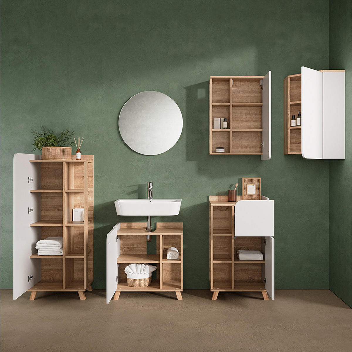 BADSCHRANK Marano Sonoma/Weiß 42.4 x 75 cm mit Tür und offenen Fächern - Weiß/Sonoma Eiche, Holzwerkstoff (42.4/75/42.4cm) - Livinity®
