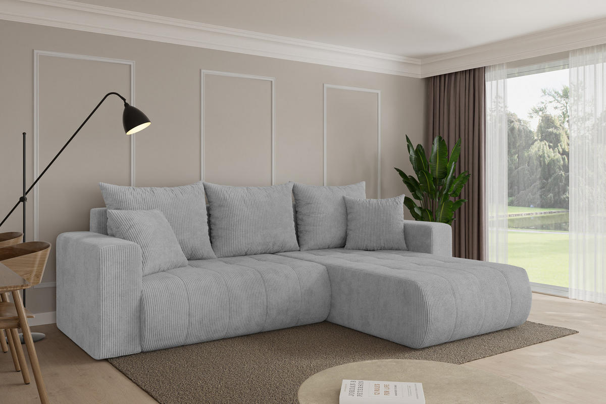 ROHOVÁ SEDAČKA s funkcí spaní, otoman vpravo MILA-L 277x194x86 šedá manšestr - šedá/černá, kompozitní dřevo/textil (277/194cm) - ALTDECOR