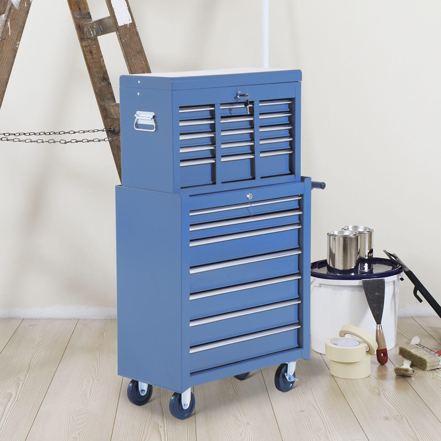 FAHRBARER Werkzeugwagen Werkstattwagen Rollwagen Werkzeugkasten - Blau, Metall (33/113/61.5cm) - HOMCOM