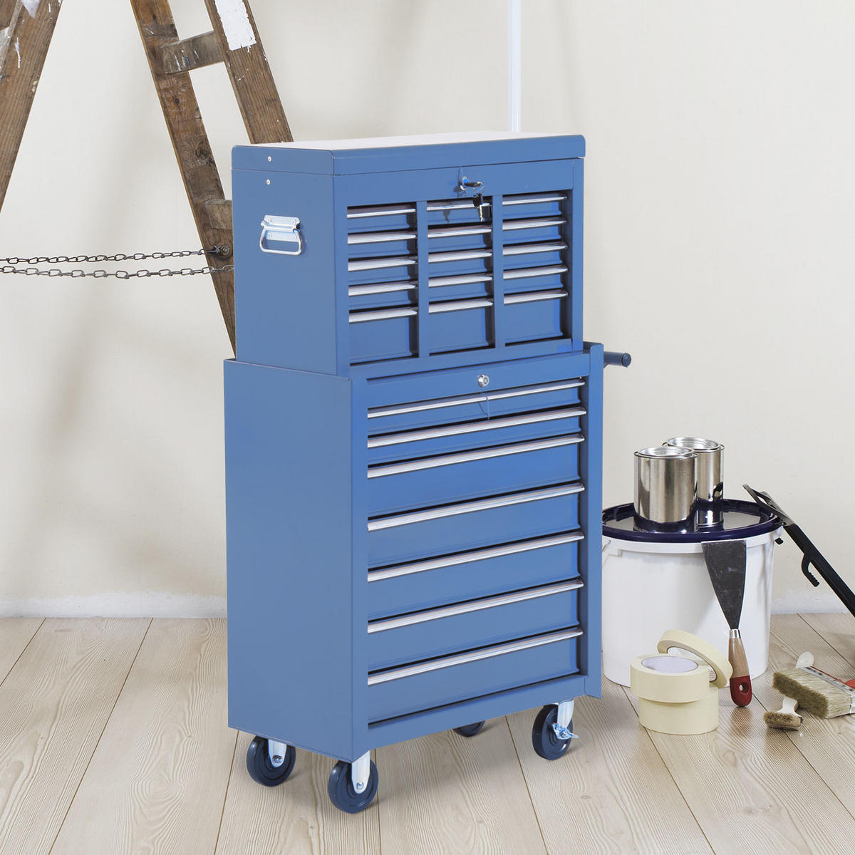 FAHRBARER Werkzeugwagen Werkstattwagen Rollwagen Werkzeugkasten - Blau, Metall (33/113/61.5cm) - HOMCOM