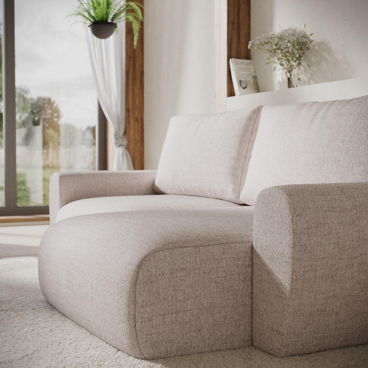 ROHOVÁ SEDAČKA OMARI, textil, Světle béžová - černá/písková barva, dřevo/kompozitní dřevo (253/153cm) - AltaBeds