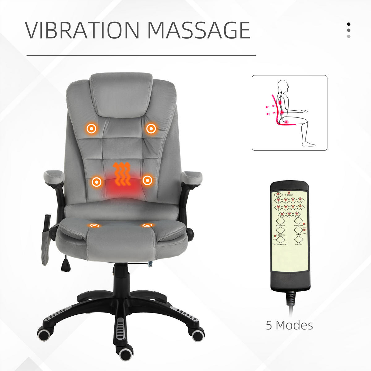 MASÁŽNÍ křeslo, výškově nastavitelná kancelářská židle s masážní funkcí, relaxační křeslo, šedá - šedá/stříbrná, textil/plast (74/116/67cm) - Vinsetto