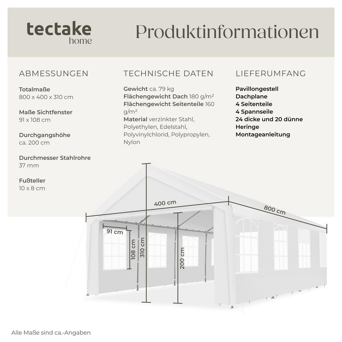 PARTYZELT Mammut, inklusive Spannseilen und Heringen, weiß - Weiß, Kunststoff (400/310/800cm) - tectake